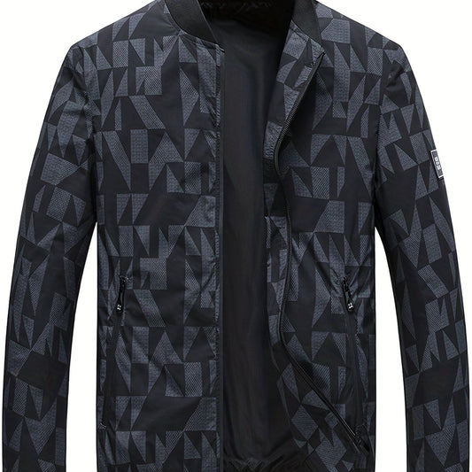 Geometric Print Men's Casual Zipper Pockets Jacket Coat
