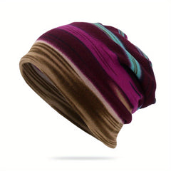 Striped Print Beanie Hip Hop Slouchy Knit Hat Soft Elastic Headwraps
