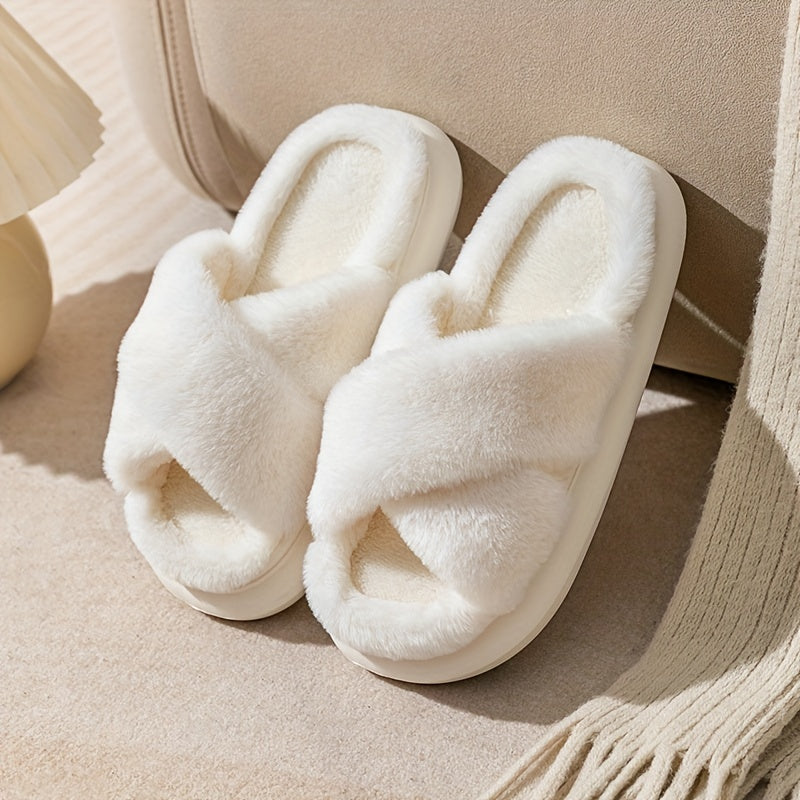 Women's Criss Cross Straps Plush Slippers Warm Indoor Shoes