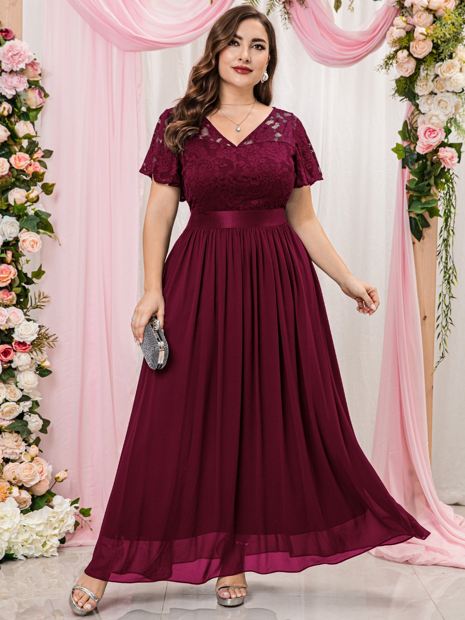 Floral Lace Ruffle Sleeve V Neck Evening Dress
