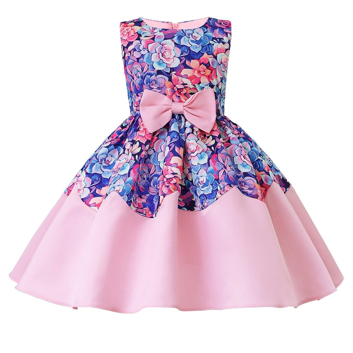 Girls Elegant Floral Print Sleeveless Dress with Bow