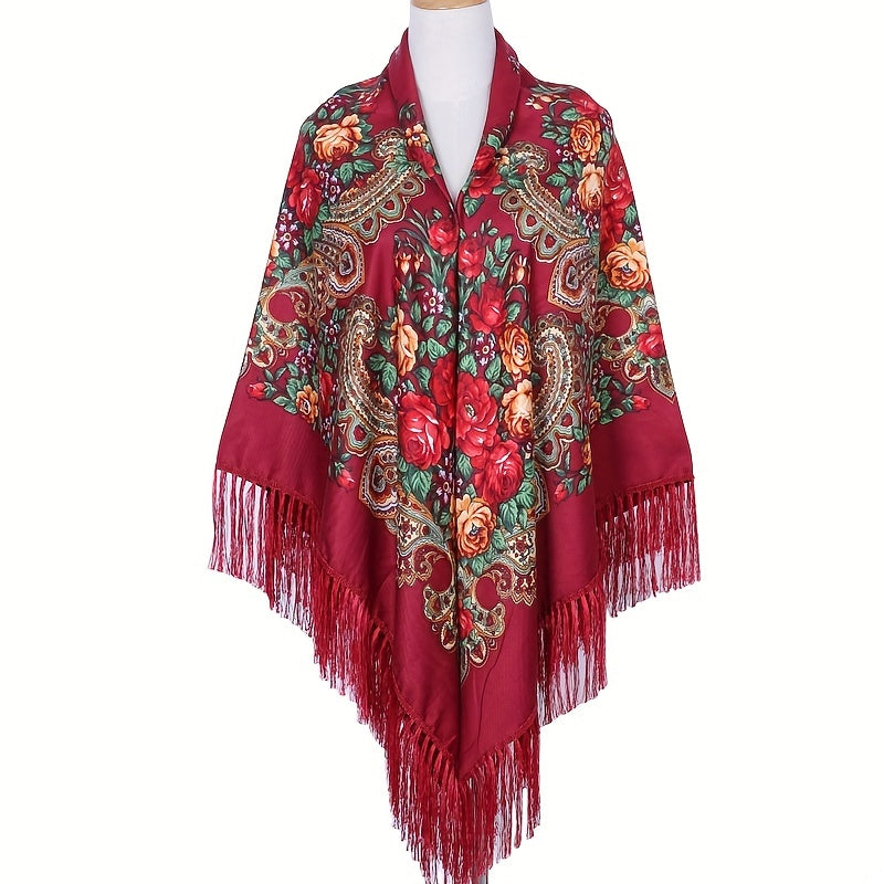 Vintage Flower Print Oversized Shawl with Tassel Wrap
