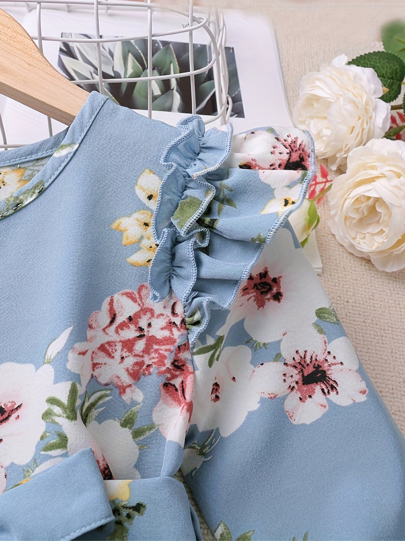 Girls Ruffle Long Sleeve Floral Print Belted Dress
