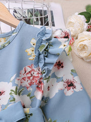 Girls Ruffle Long Sleeve Floral Print Belted Dress