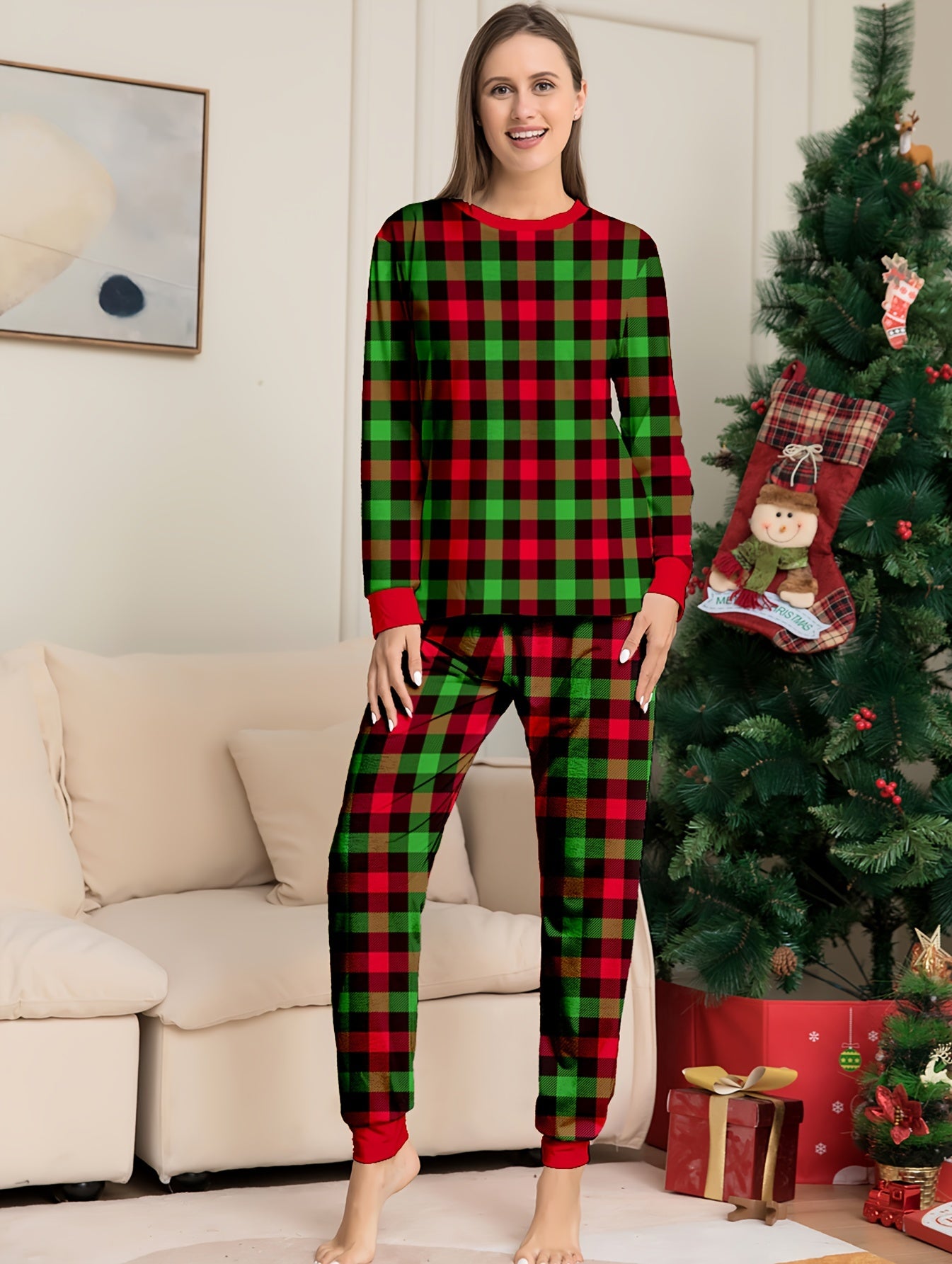 Plaid Print Christmas Pajama Set Long Sleeve Top & Pants Women's Sleepwear