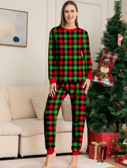 Plaid Print Christmas Pajama Set Long Sleeve Top & Pants Women's Sleepwear