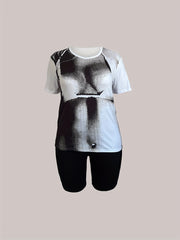  Casual Outfits Set Women's Plus Figure Print Tee & Biker Shorts Set