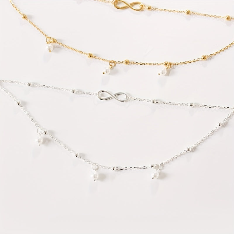 Double Layer Chain Anklet with Pearls Pendant & Infinity Symbol Beads