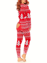 Christmas Print Pajama Jumpsuit Long Sleeve V Neck Pajamas