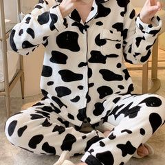 Cow Print Pajama Set Long Sleeve Top & Pants Women's Sleepwear