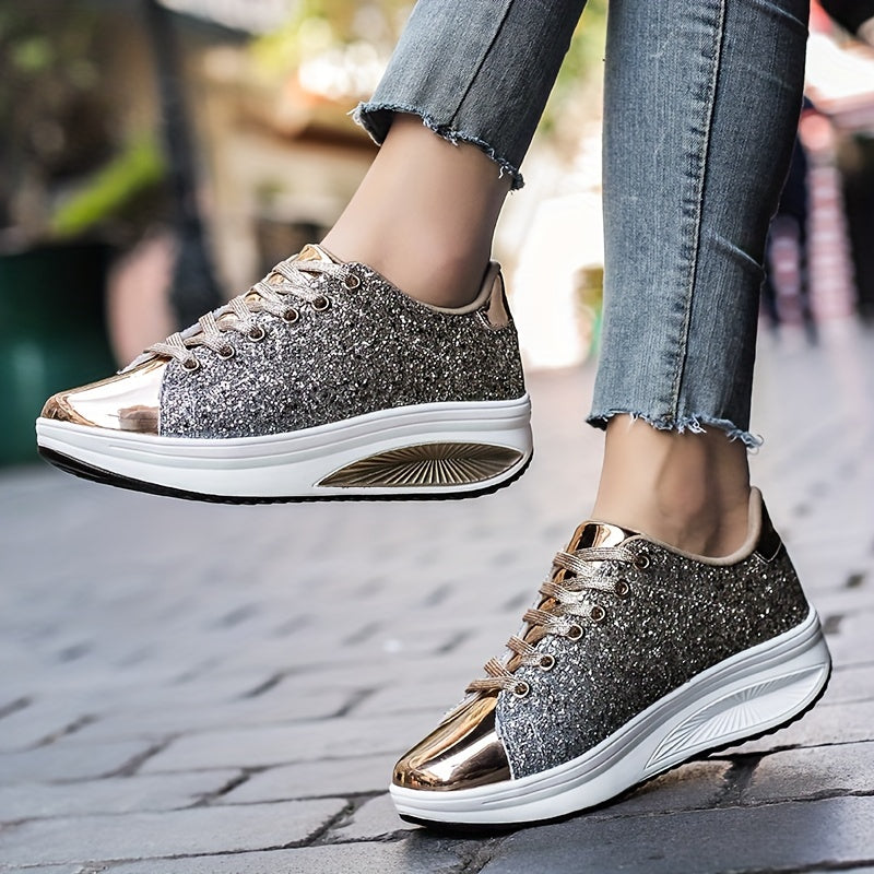 Women's Sequin Sparkly Wedge Lace Up Sneakers