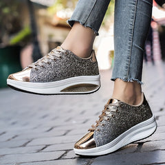 Women's Sequin Sparkly Wedge Lace Up Sneakers