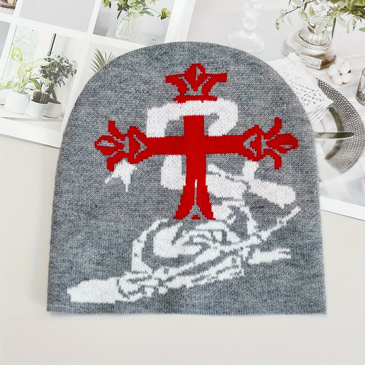Snake Cross Jacquard Gothic Beanie Gray Skull Cap Y2K Knit Hat