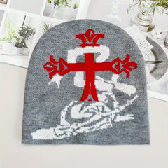 Snake Cross Jacquard Gothic Beanie Gray Skull Cap Y2K Knit Hat