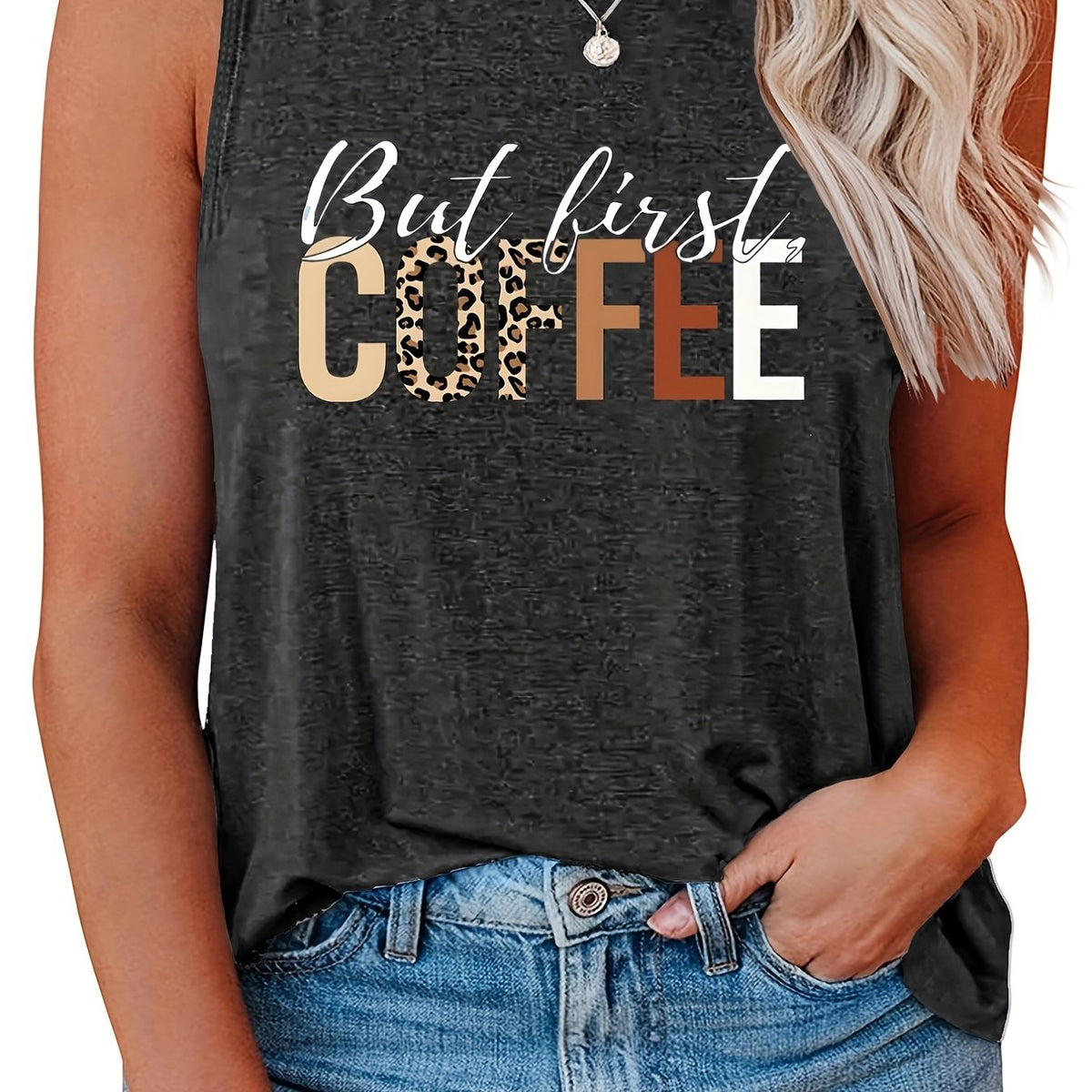  Women's Tank Top Slogan Print Round Neck Stretch Tank Top