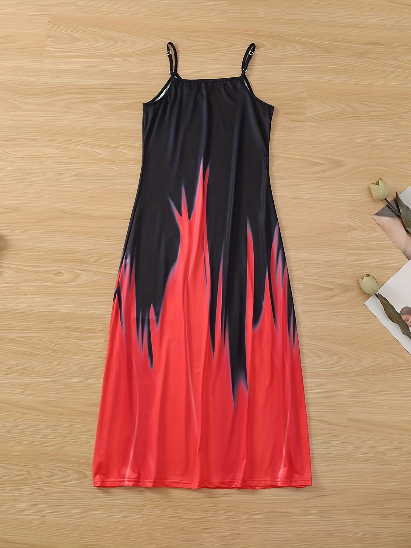  Colorblock Fire Print Maxi Cami Dress
