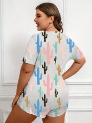 Cactus Print Loungewear Romper Short Sleeve V Neck Button Up