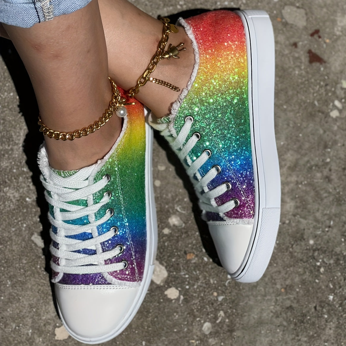 Glitter Rainbow Print Canvas Shoes Lace Up Outdoor Low Top Sneakers