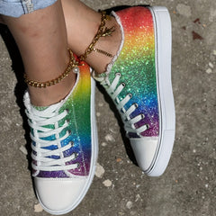 Glitter Rainbow Print Canvas Shoes Lace Up Outdoor Low Top Sneakers
