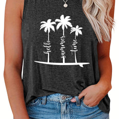 Coconut Tree Print Plus Size Tank Top Round Neck Stretch