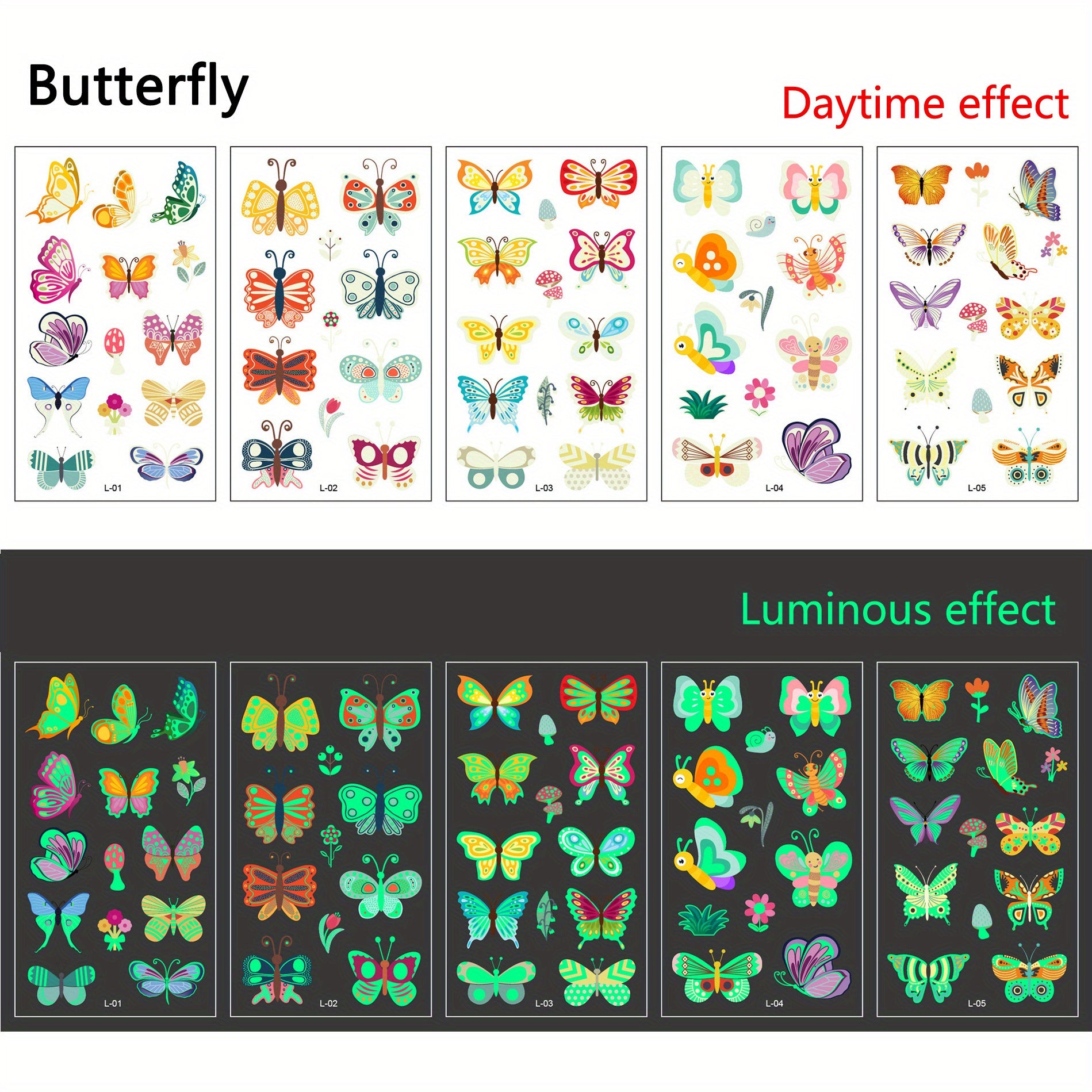 Luminous Tattoo Stickers Set for Children Princess Unicorn Butterfly