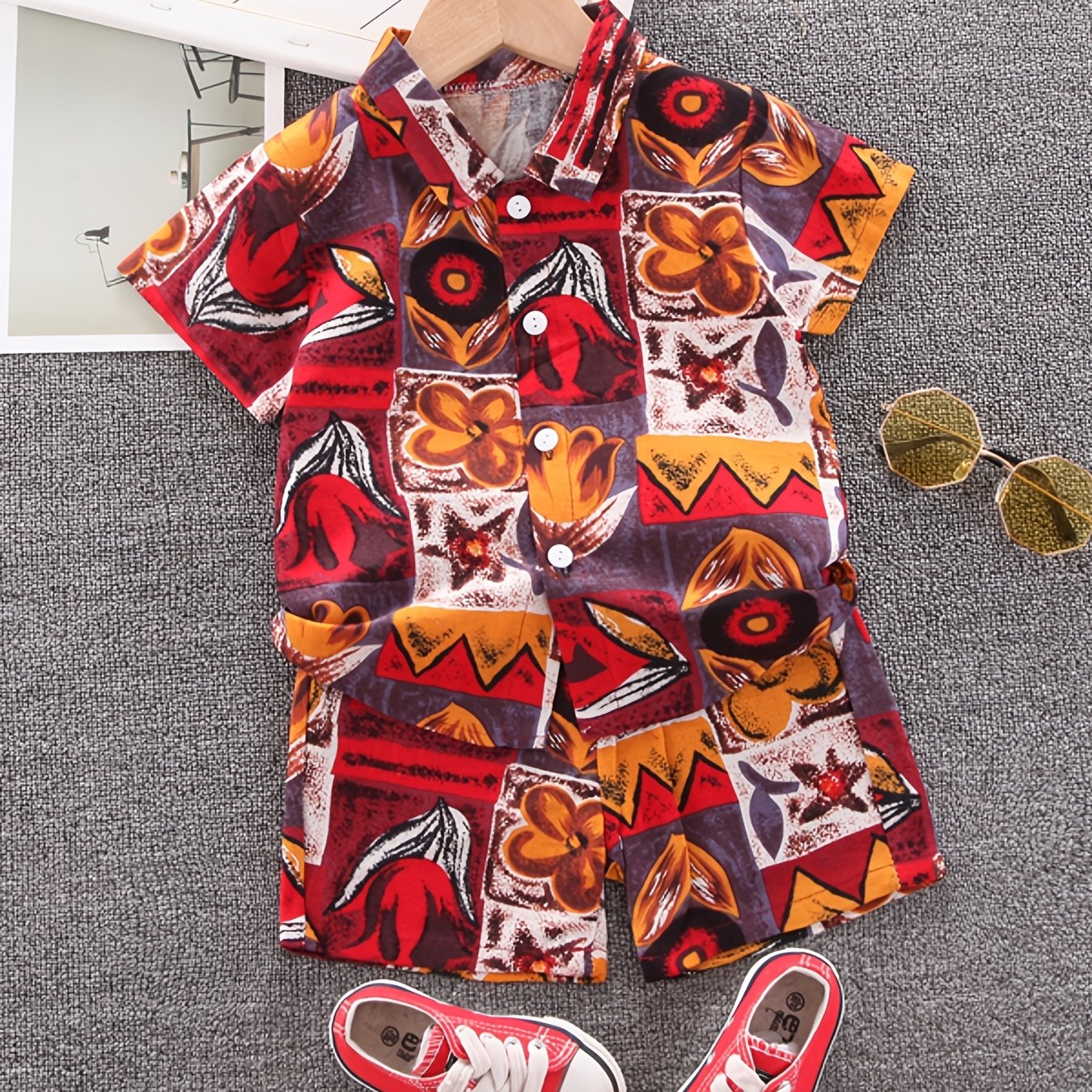 Boys Flower Print Casual Outfit Short Sleeves Shirt & Shorts Set