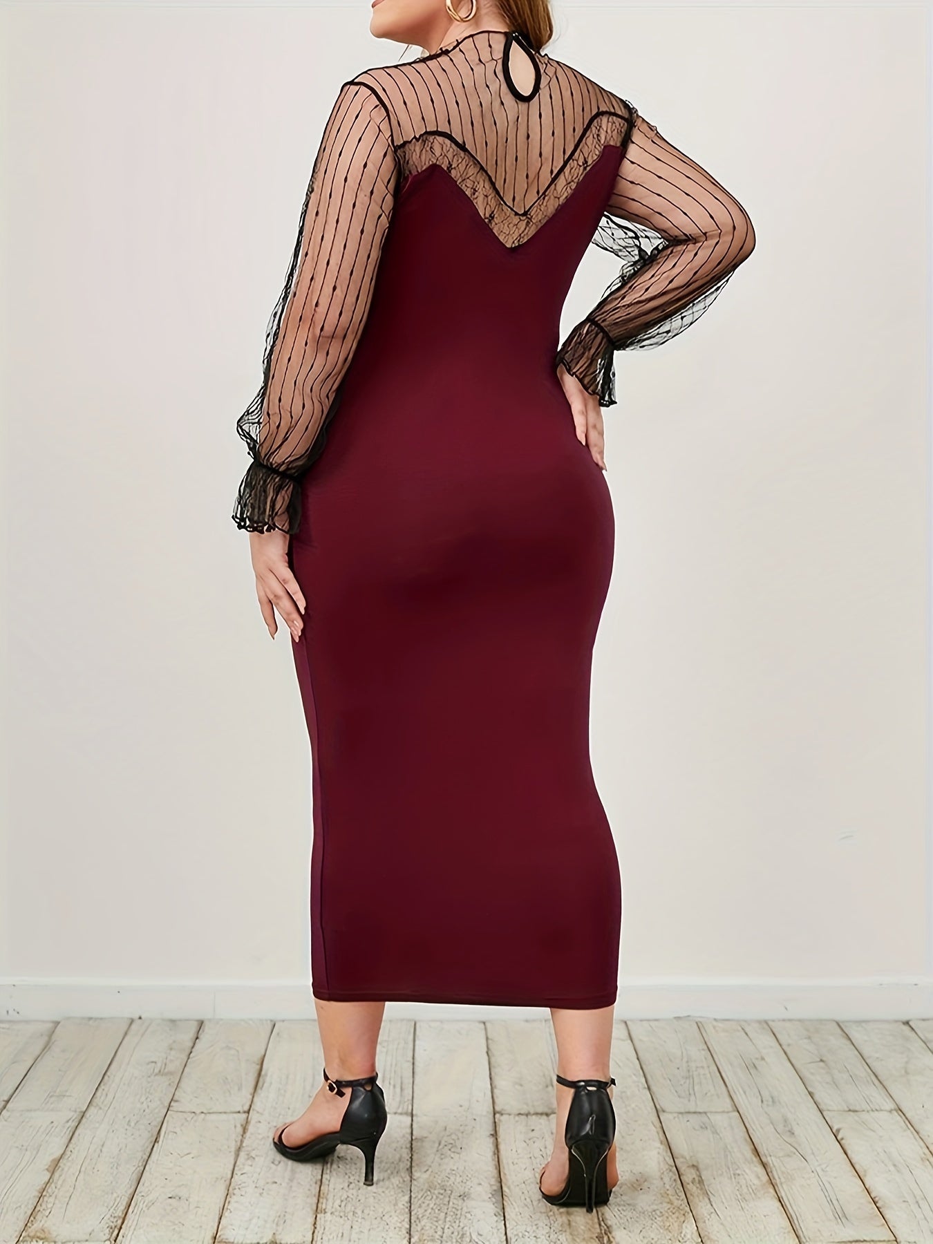  Women's Colorblock Mesh Sleeve Slim Fit Dress