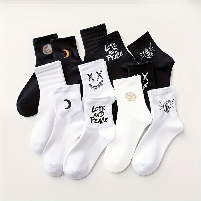 10 Pairs Letter & Moon Print Socks Breathable Women's Stockings