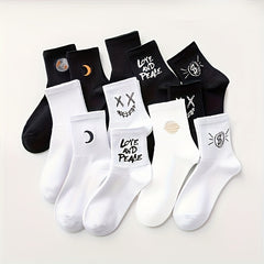 10 Pairs Letter & Moon Print Socks Breathable Women's Stockings