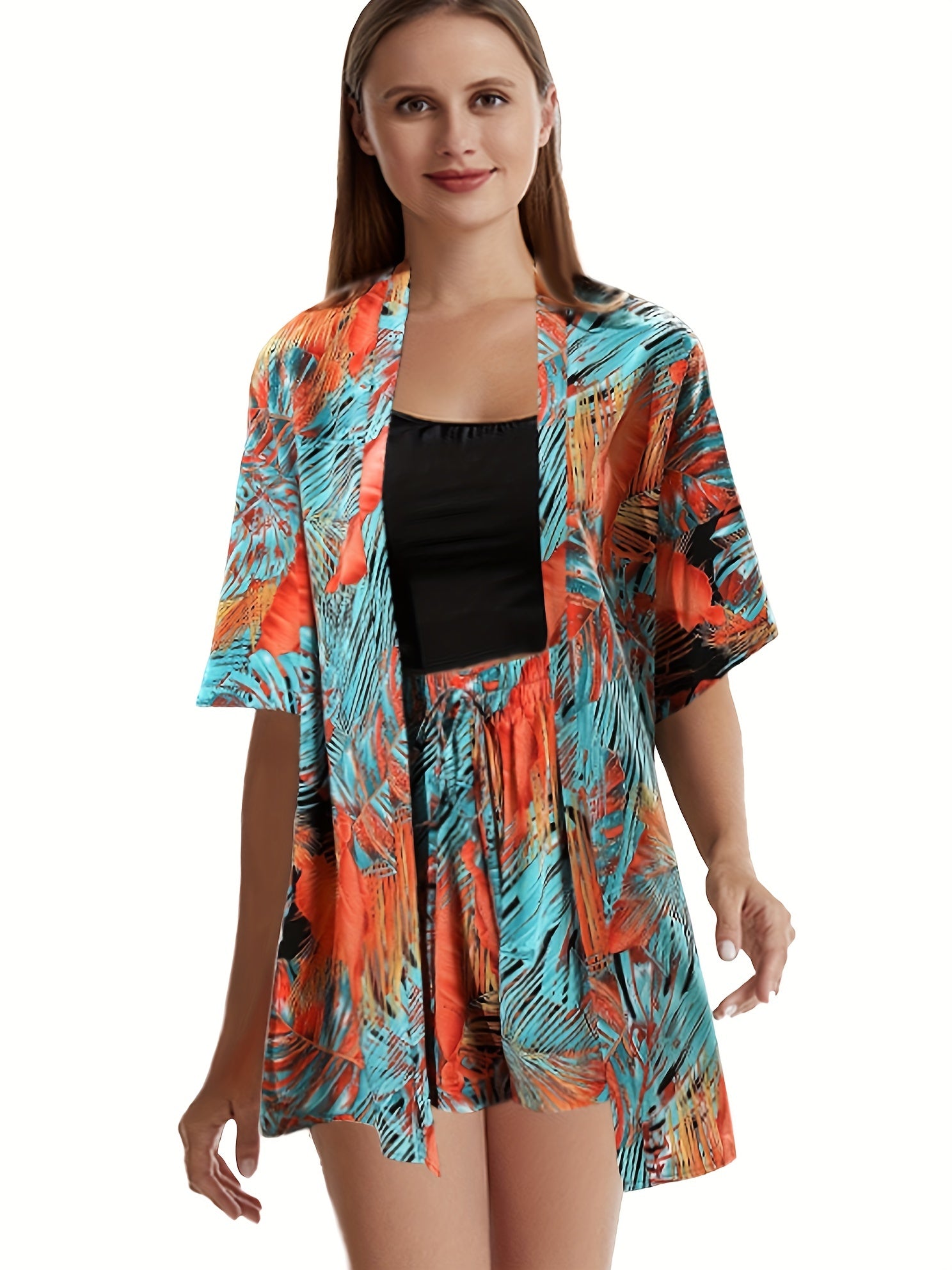  Tropical Print Cardigan & Shorts Set