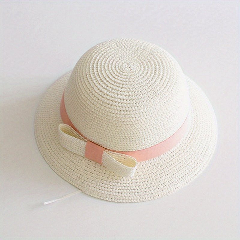 Girls Straw Sun Hat with Bow - Sunshade Bucket Hat