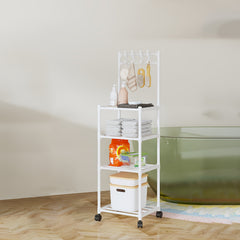 4 Layer Kitchen Storage Rack With Pulleys & Hooks Standing Rack