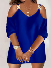  Cold Shoulder V Neck Stretch Mini Dress