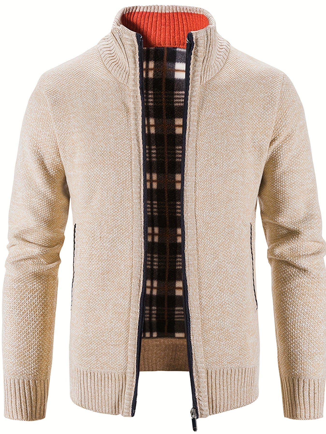 Men's Warm Stand Collar Fleece Jacket - Zip Up Knitted Cardigan