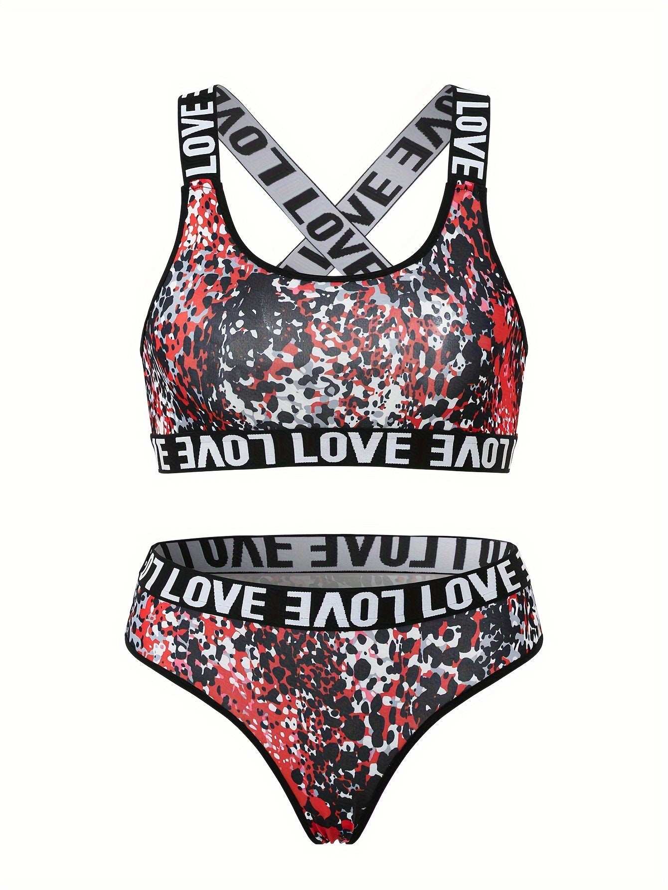 Leopard Bra & Panties Set Criss Cross Back Sports Bra & Letter Print Panties