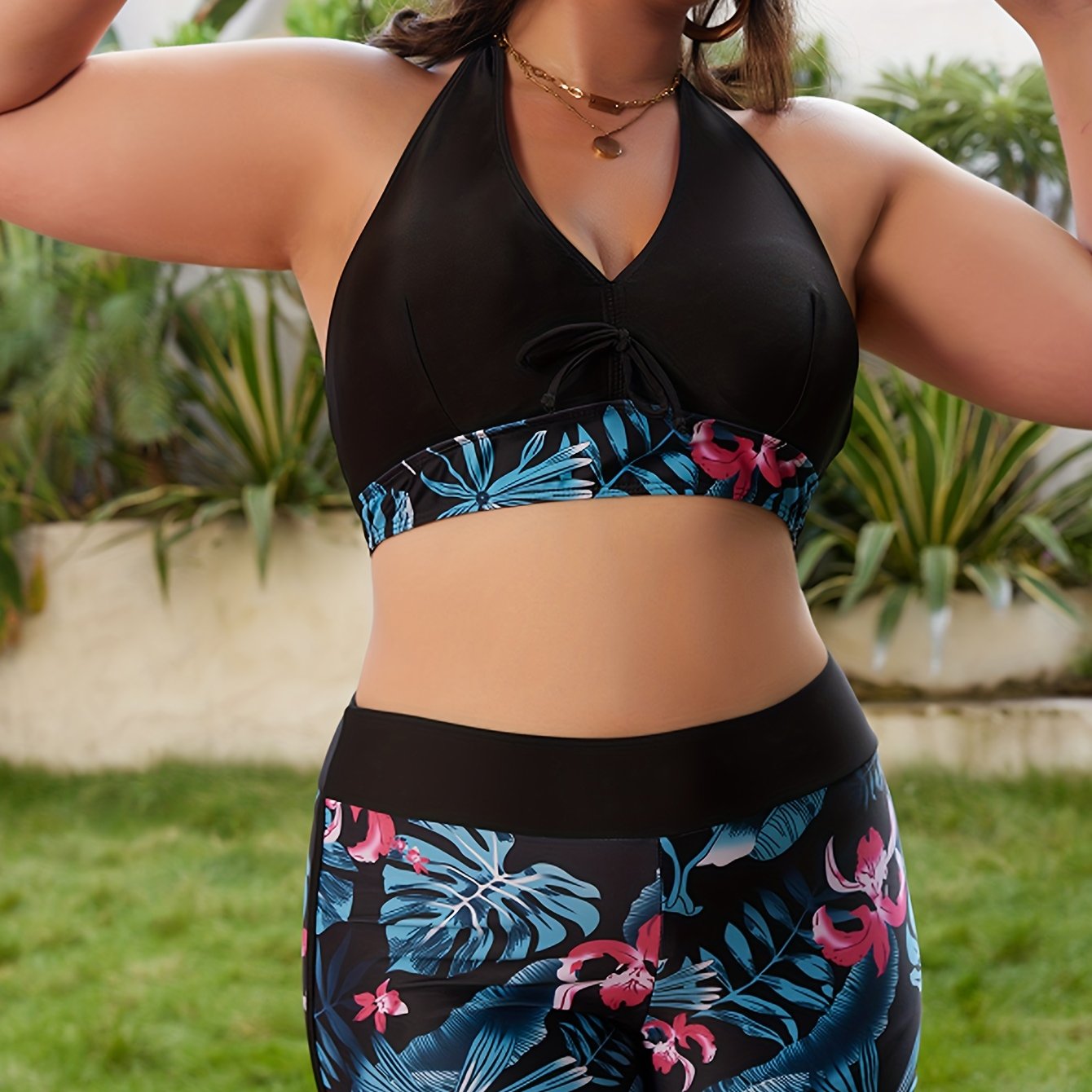  Tropical Print Tankini Set Halter Neck Bra & Shorts Two Piece