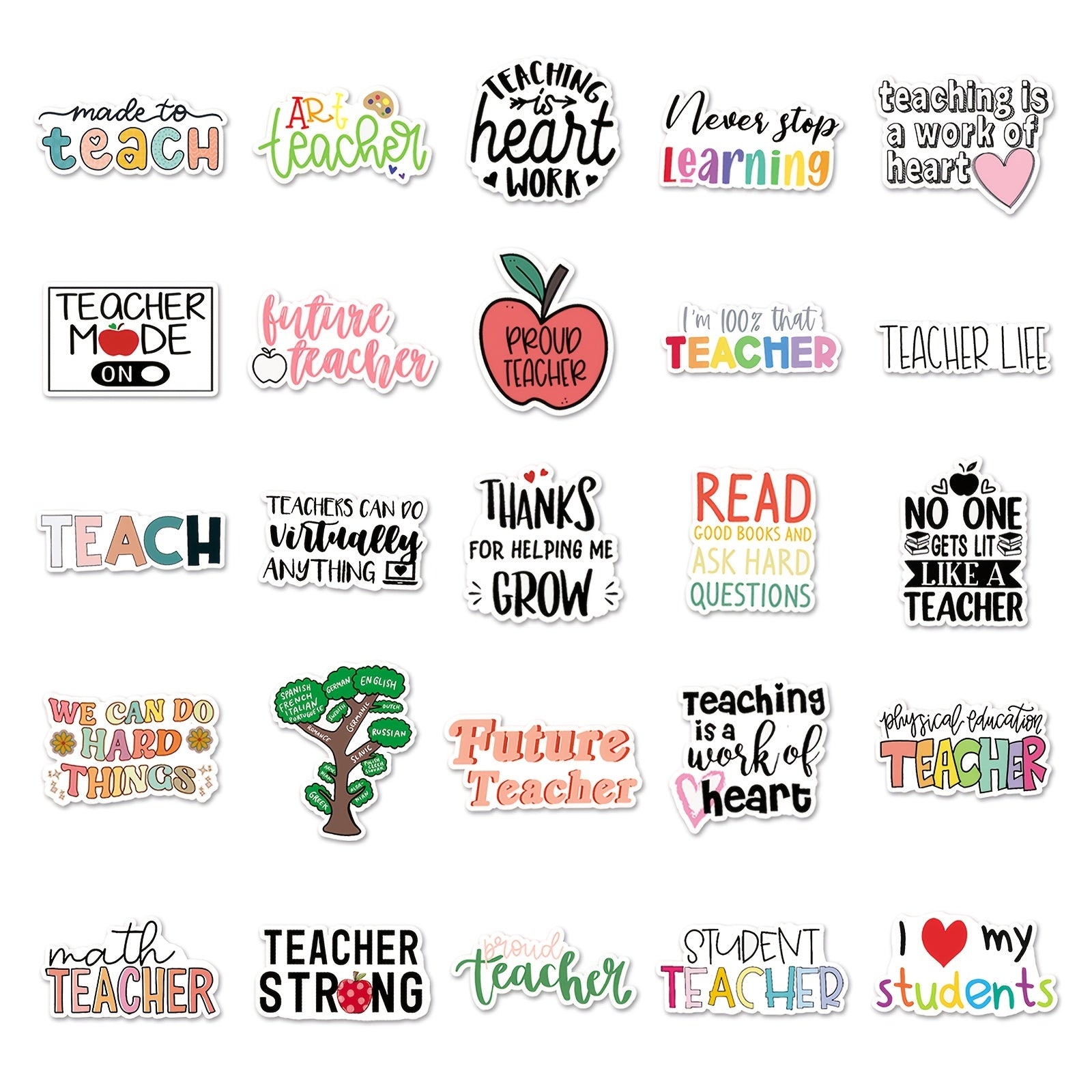 50pcs Teacher Themed Waterproof Stickers for Bottles Laptops & Scrapbooks
