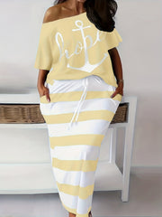 Women's Plus Anchor & Letter Print T shirt & Strip Slim Fit Skirt 2pcs Set