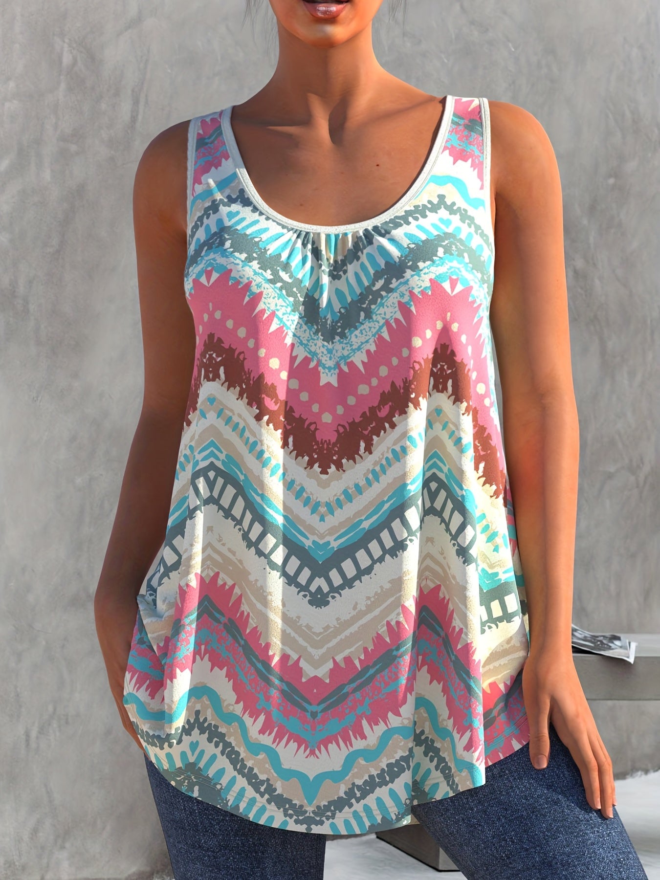  Striped Print Round Neck Tank Top
