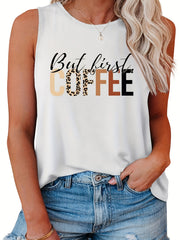  Women's Tank Top Slogan Print Round Neck Stretch Tank Top