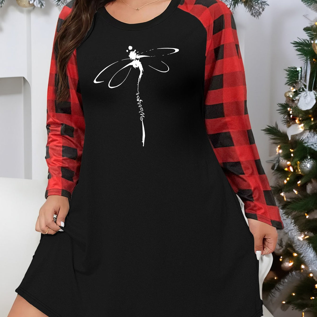  Dragonfly Print Plaid Raglan Sleeve Loungewear Dress