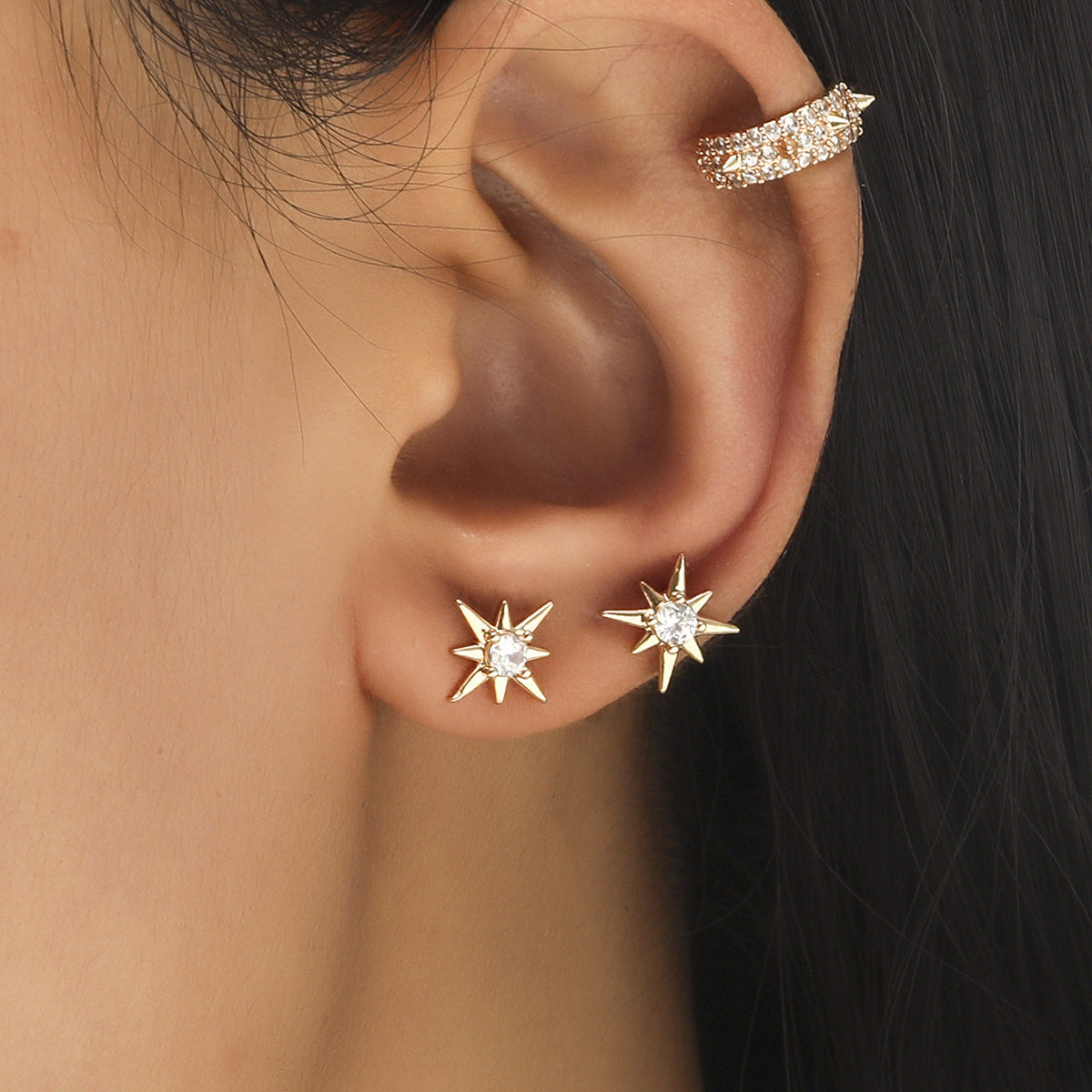Star Leaf Flower Pearl Zircon Stud Earrings for One Ear