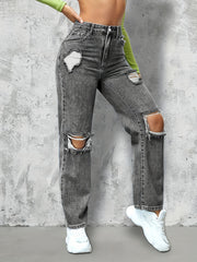 Grey Ripped Holes Straight Jeans Loose Fit Distressed Denim Pants