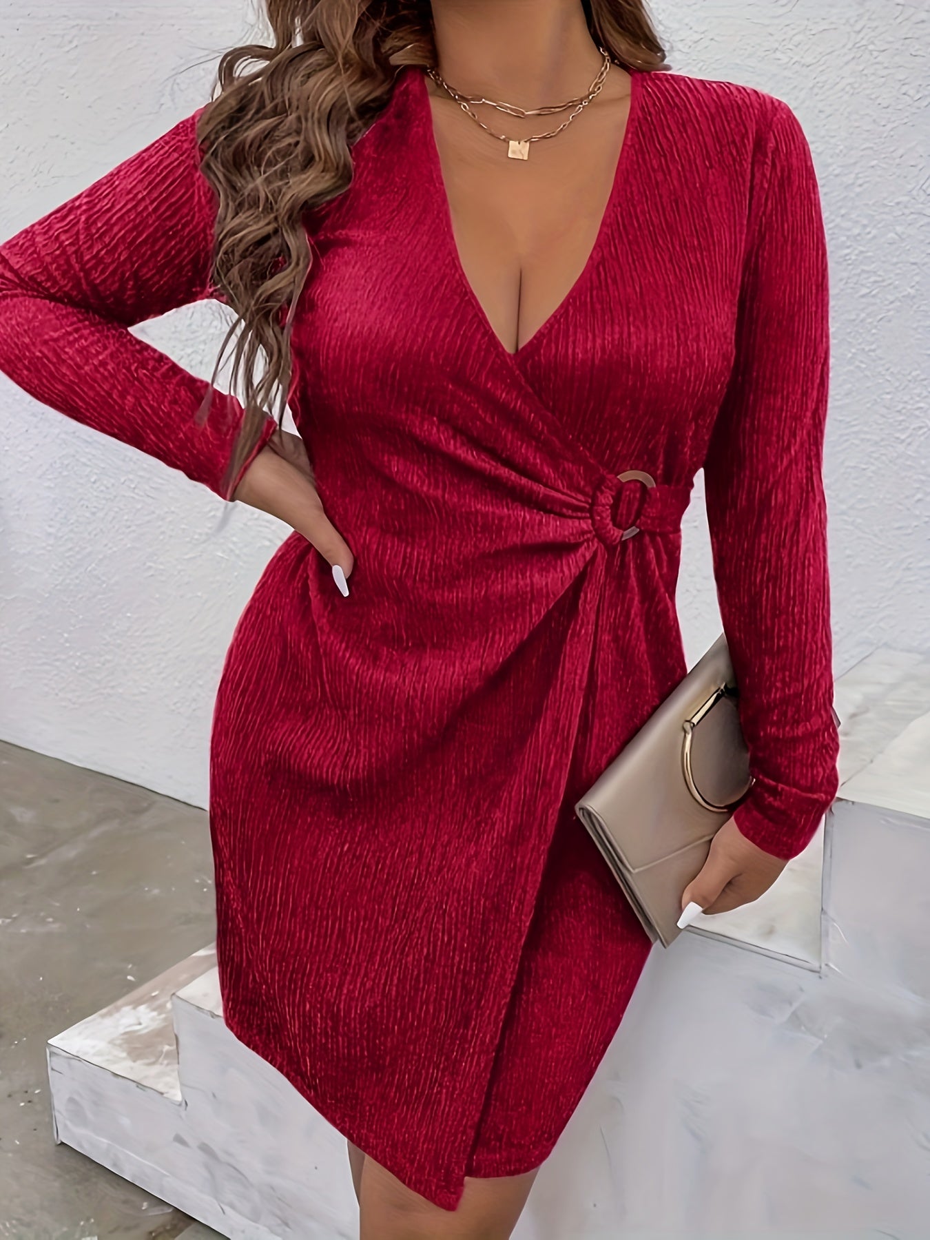  Casual Dress Women's Plus Solid Cable Long Sleeve Wrap Dress