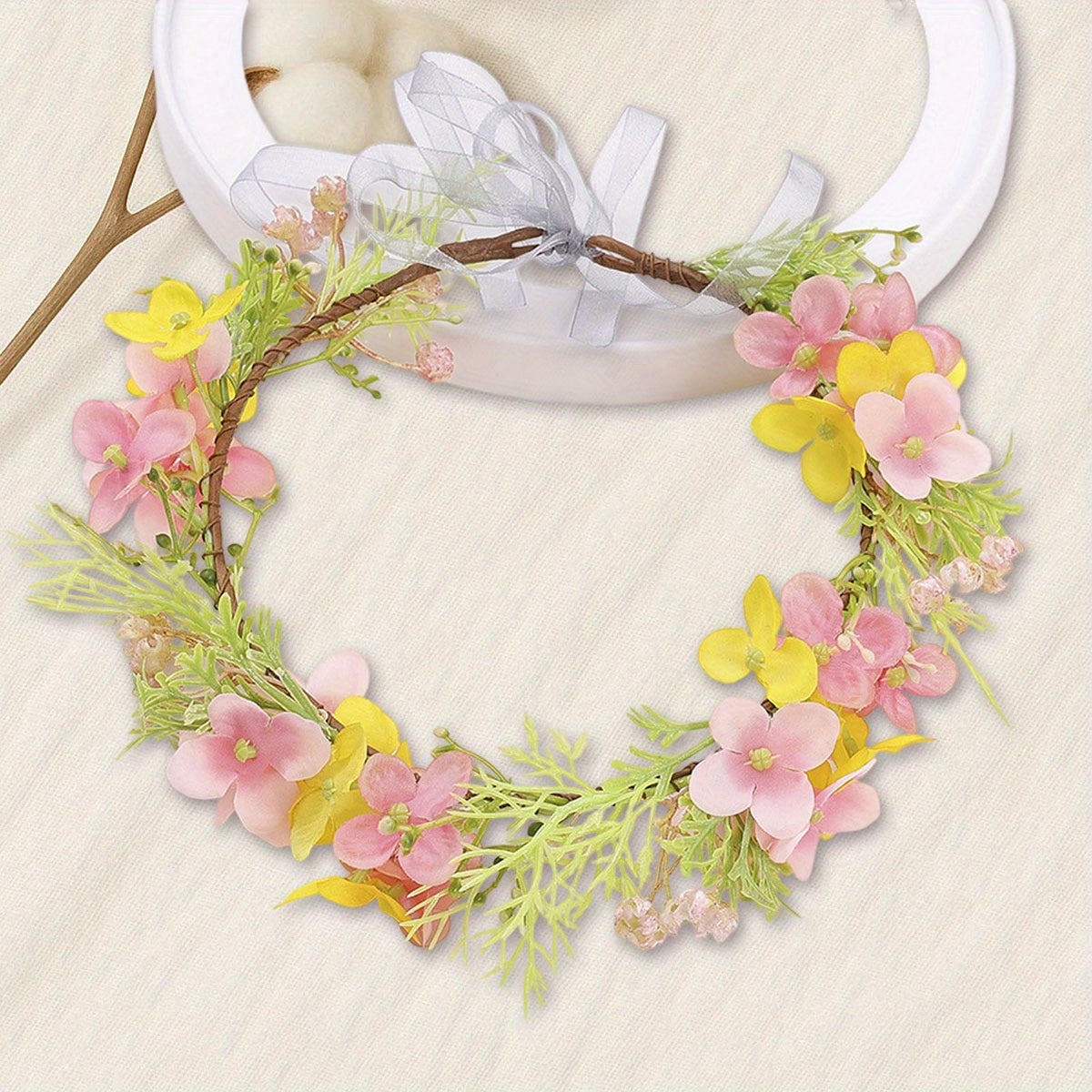 Floral Crown Headband Artificial Rattan Leaf Hair Wreath with Ribbon