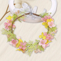 Floral Bridal Flower Crown Headband with Leaf Wreath & Pink Yellow Flowers