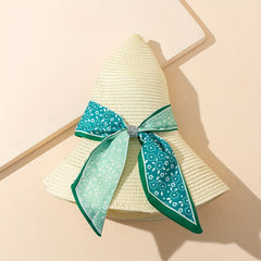 Green Floral Ribbon Decor Sun Hat Boho Beige Wide Brim Straw Hats For Women