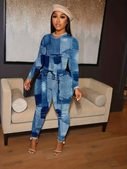 Women's Plus Denim Print Top & Tie Front Pants Two Piece Set