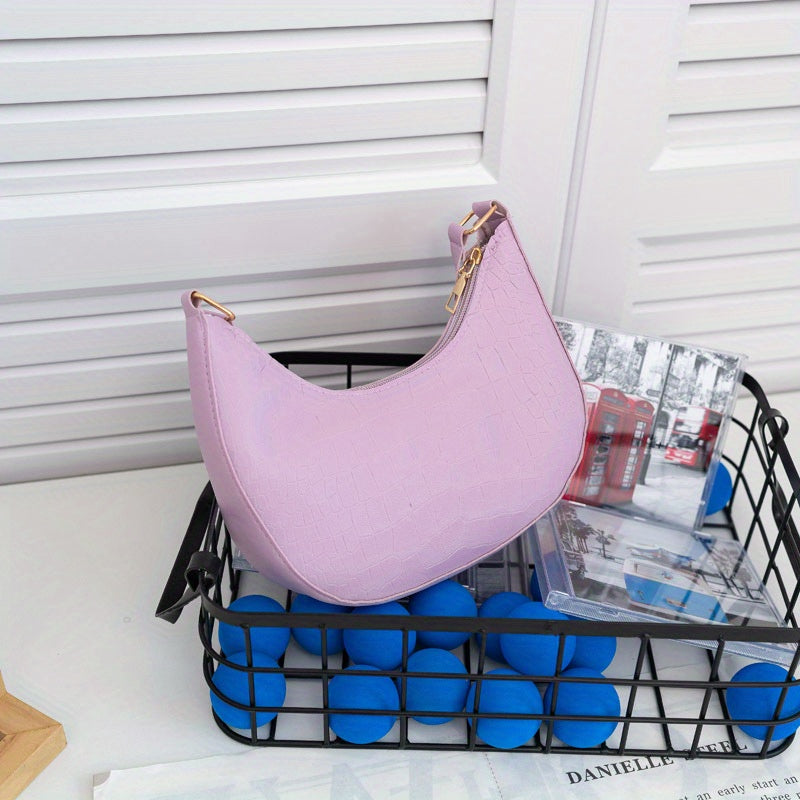 Crocodile Pattern Crescent Handbag Vegan Leather Hobo Purse