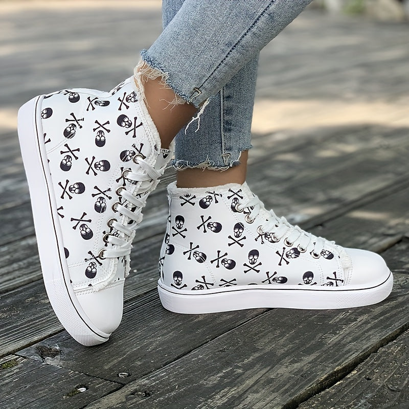 Skull Print High Top Sneakers Lace Up Casual Walking Shoes